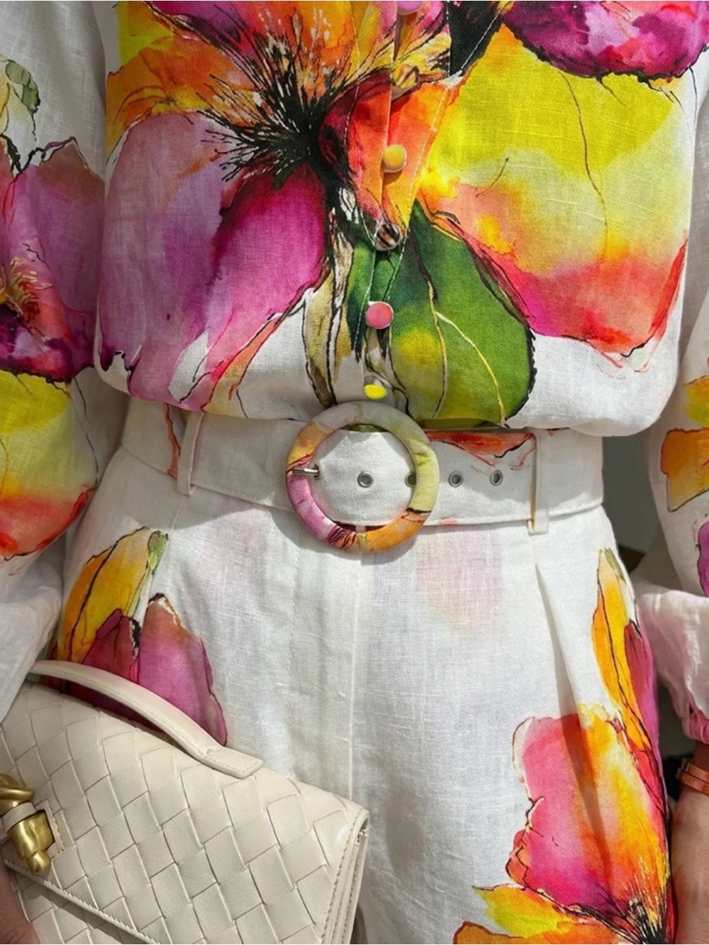White Floral Belted Short Set -Pink & Yellow Bloom - Picture 4 of 5